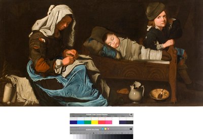 Madre cosiendo y sus dos hijos Pintura de la escuela francesa Colección particular de School French
