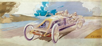 Carreras de autos: un coche de carreras Beisz en un coche Renault. Litografía de E. Montre, Conservatorio Nacional de Artes y Oficios, París de School French