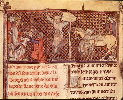 Ms 332 fol.1 Jean de Meung (1240-1305) ofreciendo su libro al Conde de Eu y la partida de un caballero, de 