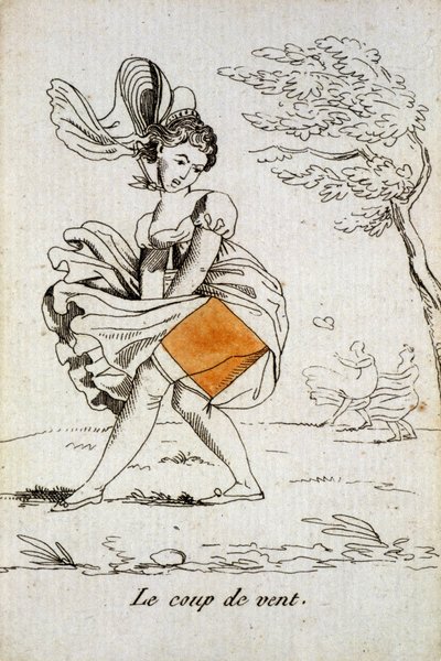 Antigua carta para jugar: el as de diamantes - "La ráfaga de viento" levantando la falda de una mujer. Musée de la Carte à Jouer, Issy-les-Moulineaux de School French