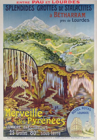 Póster publicitario de las Cuevas de Betharram, Maravillas de los Pirineos, entre Pau y Lourdes, c.1900 de School French