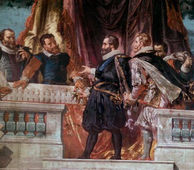 Presentación de los planos de una ala del Louvre al Rey Enrique IV (1553-1610). El Rey Enrique IV recibió al arquitecto Jacques Androuet du Cerceau alrededor de 1593 de School French