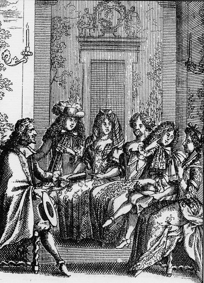 Representación de una escena de la obra “La crítica de la escuela de las mujeres” (1663) por Jean Baptiste Poquelin llamado Molière (1622-1673) de School French