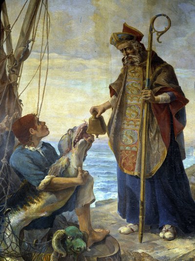San Pol de León recibe de un pez, en la isla de Batz, la campana que el Rey Mark le había negado en Ouessant, c. 530 - pintura de la iglesia de Morlaix de School French