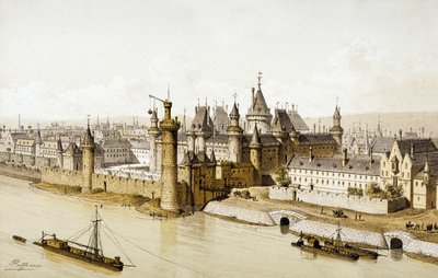 El Palacio del Louvre durante el reinado de Carlos V (grabado en color) de School French