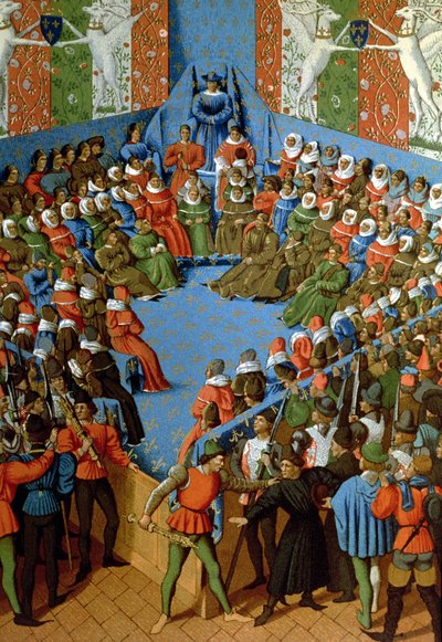 Veredicto sobre Jean, duque de Alencon, acusado de haber conspirado con los ingleses contra los franceses, facsímil de un manuscrito del siglo XV de Jean Fouquet (litografía en color) de School French
