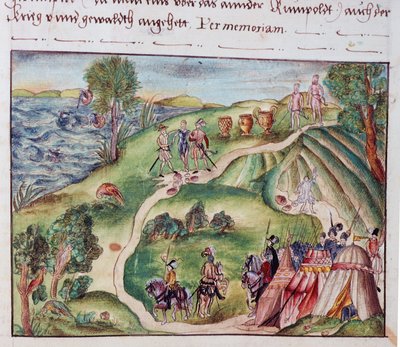 MS Add.15217 fol.40 Un paisaje venezolano con un campamento español, de una colección de memorias de la familia Coeler, Nuremberg de School German