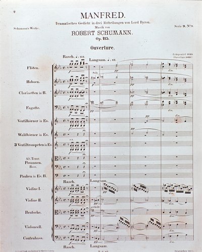 Partitura de la Apertura de "Manfred" (opus 115) por el compositor alemán Robert Schumann de School German