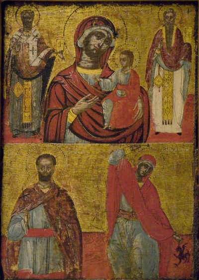 Virgen, Niño y Santos (temple sobre tabla de madera) de School Greek