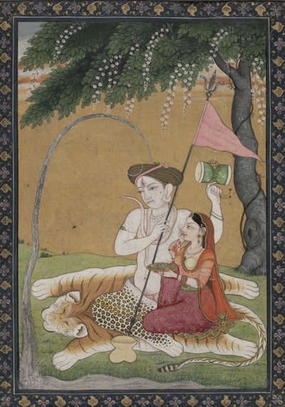 Shiva y Parvati sobre piel de tigre de School Guler