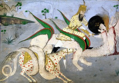 Un guerrero montado atacando a un dragón, ilustración de un libro sobre mística india (tinta sobre papel montado en tarjeta) de School Indian