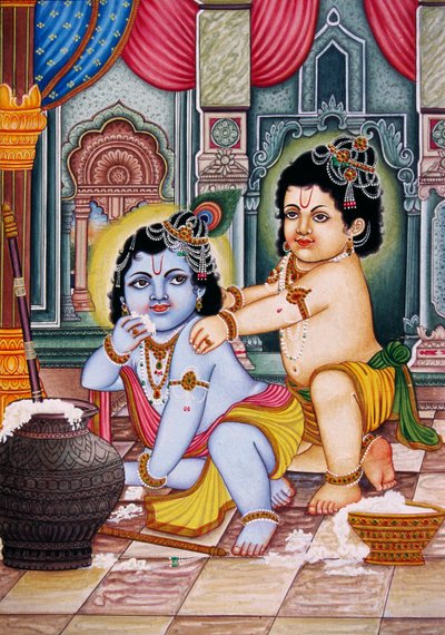 Bal Krishna con Balram Pintura en miniatura sobre papel de School Indian