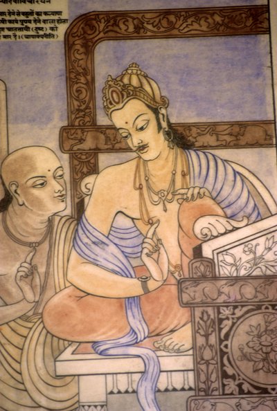 Chankaya y el rey Chandragupta (acuarela y gouache) de School Indian