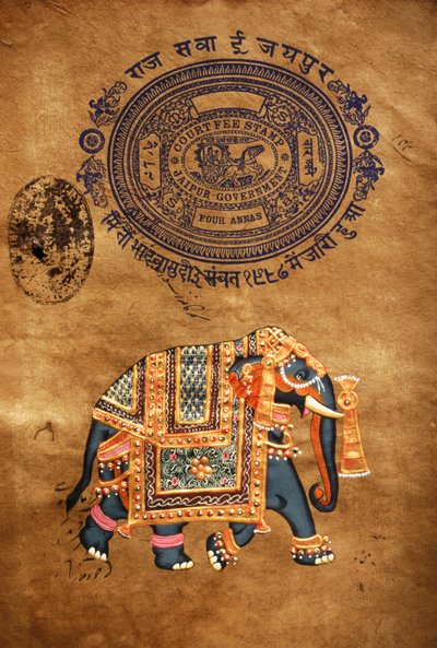 Elefante, pintura hecha a mano y papel timbrado antiguo, Jaipur, Rajastán, India de School Indian