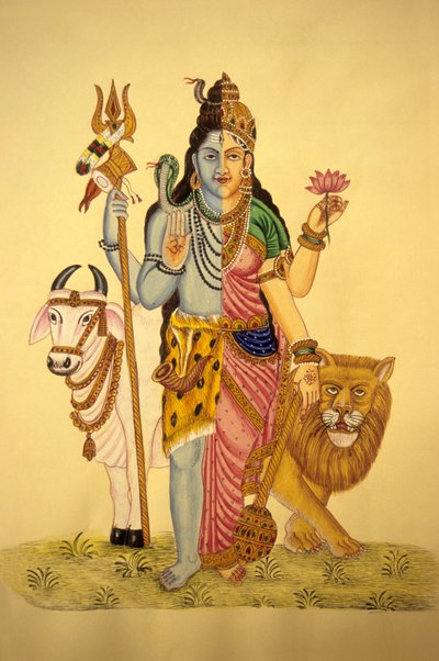 Dios Shiva en Ardnarees Wear Roop, Pintura en miniatura sobre papel de School Indian