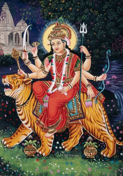 Diosa Durga Pintura en miniatura sobre papel con bordado de School Indian