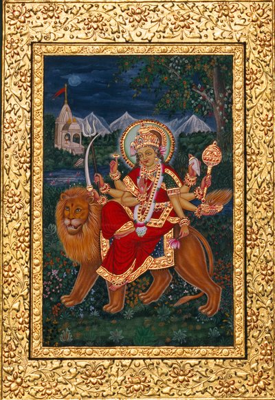 Diosa Durga Pintura en miniatura con marco de oro de School Indian