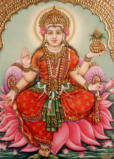 Pintura en miniatura de la diosa Lakshmi Laxmi sobre marfil de School Indian