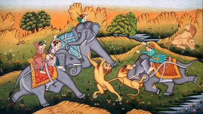 Tigres de caza en miniatura Pintura sobre papel de School Indian