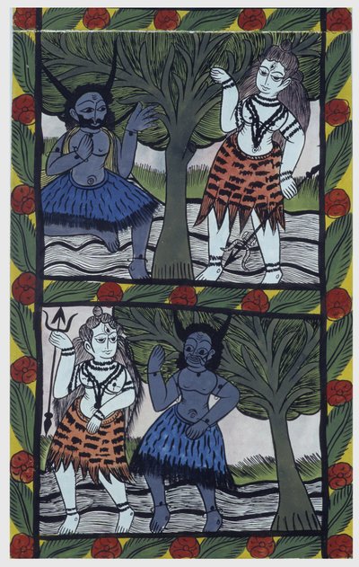 Kama, dios del deseo, envía una flecha de amor a Shiva en meditación, para unirse con Parvati. Pat: rollo pintado de la región de Bengala, que sirve como medio narrativo para los cantantes Baoul (Baul). Colección privada de Leonard de Selva. de School Indian