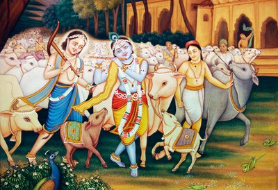 Krishna y Balram con pintura en miniatura de Gopal de School Indian