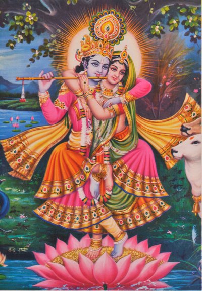 Krishna y Radha (litografía en color) de School Indian