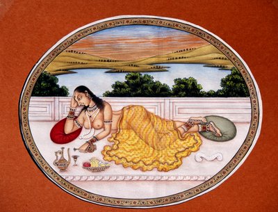 Dama disfrutando de la bebida Pintura en miniatura sobre papel de School Indian