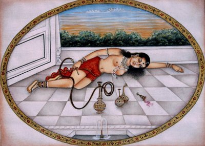 Dama disfrutando de un narguile y una bebida Pintura en miniatura sobre papel de School Indian