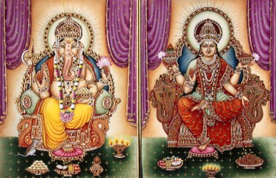 Lord Ganesh Ganpati Diosa y Lakshmi Miniatura Pintura sobre Marfil de School Indian