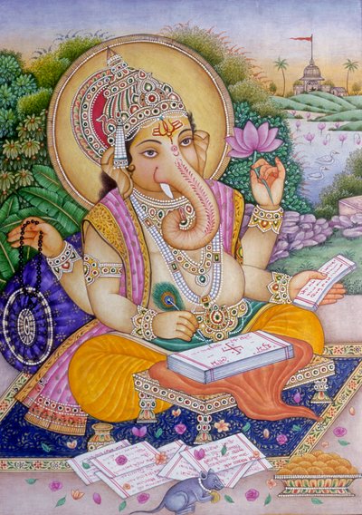 Lord Ganesh Ganpati Pintura en miniatura sobre papel de School Indian