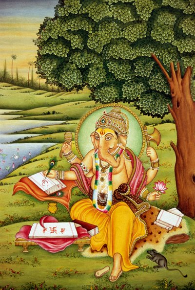 Lord Ganesh Ganpati Pintura en miniatura sobre papel de School Indian
