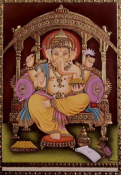 Lord Ganesh Ganpati Pintura en miniatura sobre papel con relieve de oro de School Indian