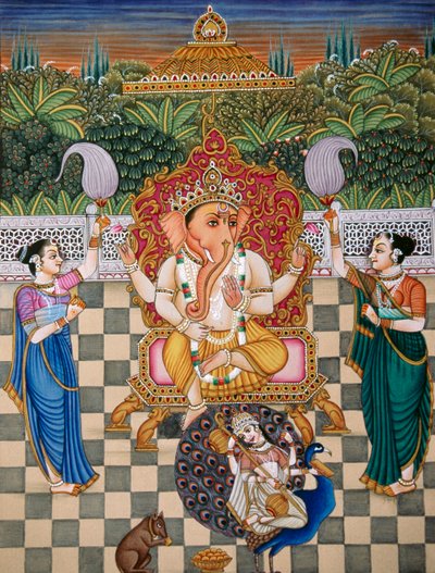 Lord Ganesh Ganpati Riddhi y Siddhi Pintura en miniatura sobre papel de School Indian