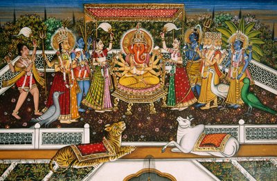 Lord Ganesh Ganpati con Brahma, Vishnu, Shiva, Durga, Pintura en miniatura sobre papel de School Indian