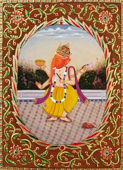 Lord Ganesha Ganpati Pintura en miniatura sobre papel con bordado de School Indian
