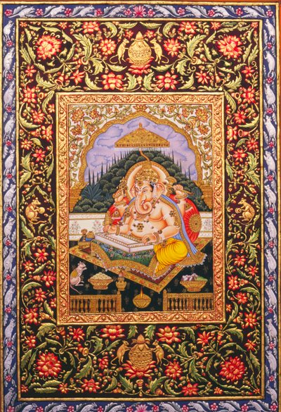 Pintura en miniatura de Lord Ganesha Ganpati sobre papel con relieve dorado de School Indian