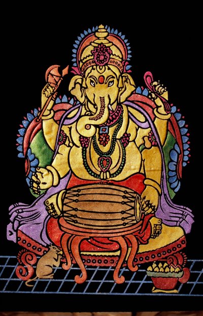 Lord Ganesha Ganpati Tocando Instrumento Musical Trabajo de Bordado de School Indian