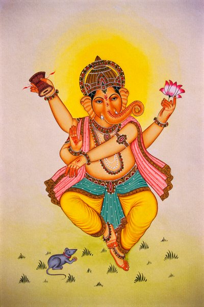 Lord Ganesha Ganpati en estado de ánimo de baile Pintura en miniatura sobre papel de School Indian