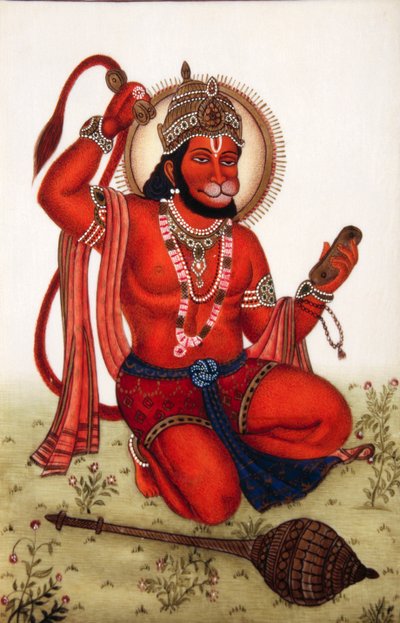 Pintura en miniatura del Señor Hanuman sobre marfil de School Indian