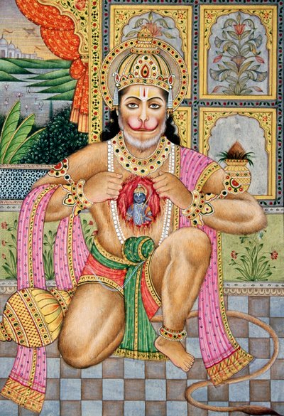 Señor Hanuman Pintura en miniatura sobre papel de School Indian