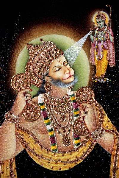 Pintura en miniatura sobre papel de Hanuman y Rama de School Indian
