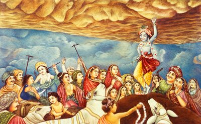 Pintura en miniatura de Krishna levantando una montaña de School Indian