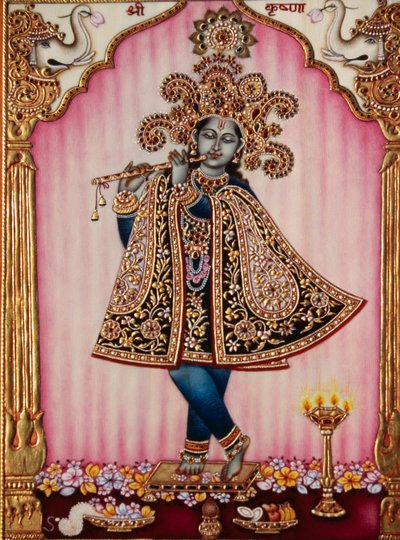 Pintura en miniatura del Señor Krishna sobre marfil de School Indian