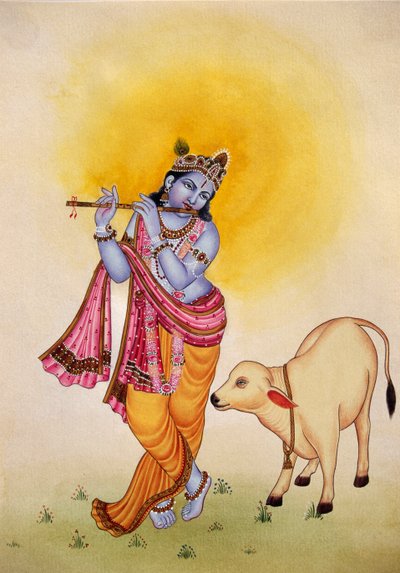 Pintura en miniatura del Señor Krishna sobre papel de School Indian