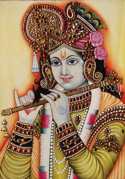 Pintura en miniatura del Señor Krishna sobre papel de School Indian