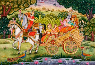 Krishna con Radha Pintura en miniatura sobre papel de School Indian