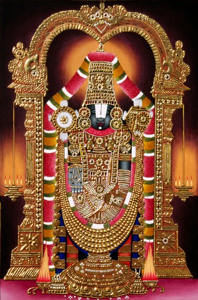 Pintura en miniatura de Lord Thirupati Balaji sobre papel con relieve dorado de School Indian