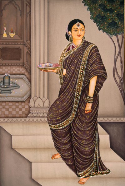 Marathi Lady Going To Temple Pintura en miniatura sobre papel de School Indian
