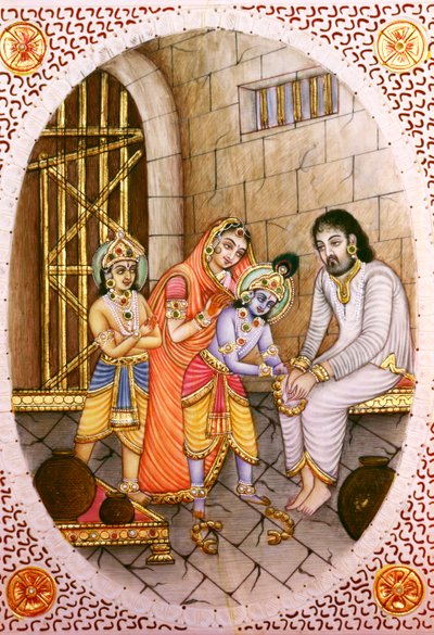 Pintura en miniatura en marfil de Krishna Balram y Devaki Vasudeva de School Indian