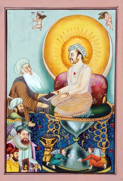 Pintura en miniatura de Abul Fazl presentando el nombre de Akbar al emperador mogol Akbar de School Indian